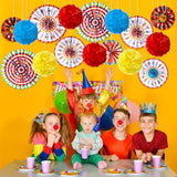 21 Pcs Carnival Party Decorations With Circus Hanging Paper Fans Red Yellow Blue Paper Pom Poms Tissue Flowers For Ceiling Wall Carnival Circus Theme Birthday Baby Shower Party Favors Supplies