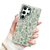 Magnetic Sage Floral Phone Case For Samsung Galaxy S25 Ultra, Vintage Green Flower Pattern Compatible With Magsafe Glossy Protective Case Cover With Screen Protector For Girls Women