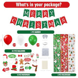 Christmas Party Decorations Set With Merry Christmas Banner, 35 Balloons, 18 Photo Props, 2 Foil Curtains, Red Green White