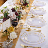 600 Pcs Gold & White Disposable Dinnerware Set For 100 Guests — White Plastic Plates With Gold Rim, Dinner & Salad Plates, Cups, Forks, Knives & Spoons For Weddings & Elegant Events
