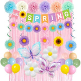 Spring Party Decorations, Hello Spring Banner, Paper Pom Poms, Flowers Hanging Swirls, Daisy Flower Butterfly Foil Balloons, Fringe Curtains, Flower Butterfly Themed Birthday Party Supplies