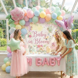 Baby In Bloom Balloon Decoration Kit With Backdrop, Pastel Spring Garden Tea Party Decor, Dusty Green Pink Purple Orange Blue Balloons With Rose Butterfly Star Foil & Pink Oh Baby Foil Balloon