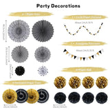 Party Decorations, Black And Gold Hanging Paper Fans, Pom Poms Flowers, Pennant, Garland String, Banner For Birthday Parties Wedding Décor, Table & Wall Decorations