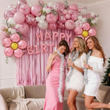 Pink Birthday Party Decorations, Pearl White Pink Metallic Pink Flower Foil Balloons Birthday Banner Butterfly Fringe Curtains Decorations For Women Girls Party Supplies