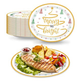 50 Pcs 10" X 12" Merry And Bright Disposable Paper Plates - Large Serving Dishes For Christmas, Xmas, Winter Holiday, Kitchen, Dinner Party Supplies