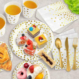 175Pcs White And Gold Party Supplies, Severs 25 Disposable Party Dinnerware, Gold Plastic Forks Knives Spoons And Golden Dot Paper Plates, White Napkins Cups For Graduation, Birthday, Wedding