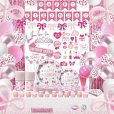 254 Pcs Coquette Birthday Decorations, Pink Bow Party Supplies Inclue Serves 25 Plates And Napkins Tablecloth, Birthday Banner, Balloons, Cake Topper, Butterfly Decor, Photo Props For Girls