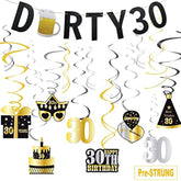 30Th Birthday Banner & Hanging Swirls, Glitter Gold & Black, Happy 30Th Dirty Birthday Decorations For Him & Her, 30 Years Old Party Supplies