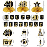 40Th Birthday Banner Decorations For Men Women, 10Pcs Happy 40 Birthday Banner Honeycomb Centerpiece Swirls Kit, Black Gold Forty Bday Ceiling Table Topper Sign Party Supplies