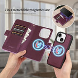Compatible With Magsafe Magnetic 2 In 1 Detachable Iphone 15 Wallet Case With Credit Card Holder Slots,Pu Leather Flip Rfid Blocking Phone Cover Wrist Strap Zipper Women Men,Wine Red