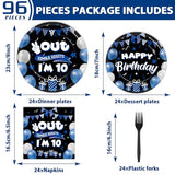 96pcs 10th Birthday Party Plates and Napkins, Blue and Black 10th Birthday Decorations for Boys Girl Double Digits 10 Birthday Party Dessert Plates, Happy 10 Years Old Tableware Decor, Serves 24