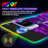 Rgb Mouse Pad With 15W Wireless Charging, Purple Anime Neon Extended Large Led Gaming Mouse Pad Non-Slip Rubber Base, 10 Light Modes Desk Pad For Home Office-Warrior Cat