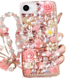 For Iphone 16E Glitter Bling Case,Cute Girly Luxury 3D Sparkle Crystal Rhinestones Flowers Diamond Pearl Gems With Lanyard Wrist Strap Women Girls Phone Case For Iphone 16E 6.1" 2025 (Pink)