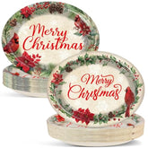 50Pcs Christmas Oval Plates Cardinal Bird Large Tableware Xmas Red Cardinal Merry Christmas Holly Berry 10'' X 12'' Disposable Dinnerware Dessert Plate For Poinsettia Party Winter Holiday Supplies