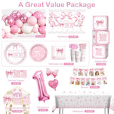 235 Pcs Pink Bow 1St Birthday Decorations, All-In-1 Supplies Pack, Includes 20 Girls Just Wanna Be One Theme Tableware, 1St Party Hat, High Chair Banner, For Pink 1St Birthday Bow Theme