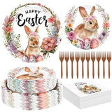 200 Pcs Easter Plates and Napkins Bulk Set, Disposable Dinner Plates, Vibrant Rabbit Floral Easter Decorations Includes Platters Napkins Forks, Spring Tableware for Egg Hunt Party Holiday Supplies
