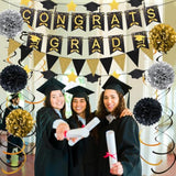 Graduation Decorations For 2025, Congrats Grad Banner And Star Cap Garland, Pennant Banner, Black And Gold Tissue Paper Pompoms, Hanging Swirls, For Graduation Party Decorations