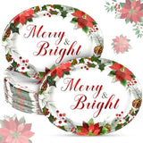 50 Count Christmas Paper Plates Oval Paper Plates 10" X 12" Disposable Merry & Bright Floral Dinner Paper Plates For Xmas Wedding Birthday Candy Cookie Christmas Party Supplies