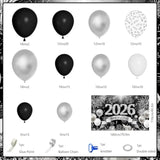 114pcs Black Silver New Year 2026 Balloons Garland Arch Banner Kit