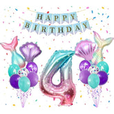 Mermaid Birthday Party Decor, Blue Pink Purple Mermaid Party Supplies Set For Girl, Mermaid Tail Shell Balloons Number 4 Balloon 32Inch With Happy Birthday Banner Kit, 4Th Girl Bady Decor