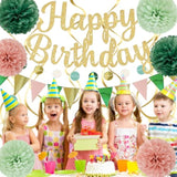 Sage Green Birthday Decorations, Banner, Pompoms, Swirls, Dots Garland, Pennant Flags