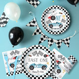 Race Car 1St Birthday Party Supplies - Fast One Plates And Napkins Decorations Boys Tableware, Plate, Cup, Napkin, Fork, Blue Race Car One-Year-Old Decorations | Serve 24