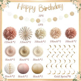 Champagne Gold Beige Fall Boho Party Decorations, Birthday Decorations For Women Girls, Cream Neutral Party Decorations, Happy Birthday Banner With Paper Flowers, Honeycomb Balls, Lanterns, Fans