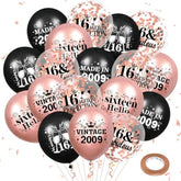16th Birthday Balloons Rose Gold Black 18Pcs Sweet 16 Party Decorations Confetti Set