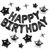 13pcs Mylar Foil Happy Birthday Banner & 12 Star Balloons - 3D Black Party Decor