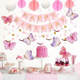 Birthday Decorations, Happy Birthday Banner With Honeycomb Balls, Butterfly Hanging Swirl Streamers, Circle Dots Garland, Happy Birthday Party Decorations For Women Men Boys Girls (Pink)
