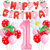 Strawberry 1st Birthday Decor Set Pink #1 Balloon, Banner & Foil Strawberries