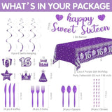 Sweet 16 Birthday Decorations Girls, Purple 16Th Birthday Party Supplies, Paper Plates And Napkins Set, Cups, Tablecloth, Banner, Swirls, Happy Sweet Sixteen Table Decorations, Serves 24