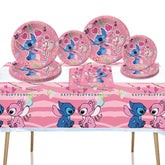 41Pcs Pink Stitch Party Set – 20 Plates, 20 Napkins & 1 Tablecover. Perfect For Stitch-Themed Birthdays! Features Cute Pink Stitch Prints, Durable Plates, And Easy Cleanup. Ideal For Kids’ Parties!