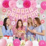 Pink & Red Happy Birthday Party Kit Banner, Fringe Curtain, Balloons & Cake Topper