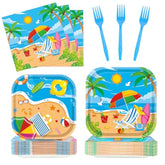 96Pcs Beach Party Supplies Summer Pool Party Paper Plates Napkins Forks Set Hawaiian Sand Beach Party Disposable Pool Themed Square Tableware For Kids 24 Guests Summer Holidays Party Decors
