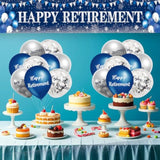 Retirement Party Decorations Blue Silver Happy Retirement Banner With 18Pcs Balloons For Men Women Large Yard Sign Decor Supplies Outdoor Indoor