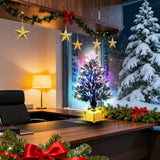 24Inch Green Pre-Lit Fiber Optic Christmas Tree,Tabletop Artificial Mini Xmas Tree With Gold Base Pot, Stars For Holiday Home Decorations