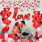 Valentines Day Decorations with Red Heart Balloons and Love Balloon, Fake Rose Petals for Wedding Decor, Anniversary Decorations Romantic with red Latex Balloons and Heart Hanging Decor.