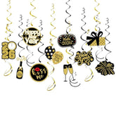 16pc Black Gold 2026 Swirl Streamers Banner New Year’s Eve Party Decor