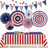 Patriotic Red White And Blue Decorations Set,9 Pcs Red White And Blue Paper Fans,Usa Pennant Bunting,Star Streamers,Patriotic Tablecloth For Labor Day Decorations Party Supplies,Veterans Day
