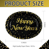 50Pcs Happy New Year Oval Paper Plates 10" X 12" Large Heavy Duty Disposable Black And Gold 2026 New Years Eve Dessert Plates Platters For 2026 New Year'S Eve Holiday Christmas Party Supplies