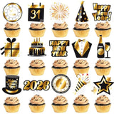 48pc Happy New Year 2026 Cupcake Toppers Black Gold Party Cake Decorations