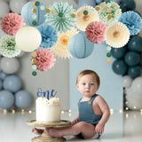 Dusty Rose Pink and Blue Party Decorations Dusty Blue Paper Lantern Sage Green Tissue Pom Poms Beige Paper Fans Circle Dot Garlands for Retro Gender Reveal Baby Shower Birthday Bridal Party Decoration