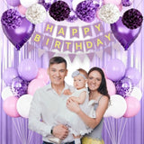 Purple Birthday Party Decorations, Happy Birthday Banner, Fringe Curtain, Star-Shaped Foil Confetti Balloons, Girl Woman 13Th 16Th 18Th 20Th 30Th 40Th 50Th 60Th Birthday Decorations (Purple)