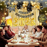 Black Gold New Year 2026 Party Set with Balloons, Banner & Fringe Backdrop