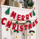 Merry Christmas Banner With Red Berries And Leaves,Christmas Banner Decoration With Gold Stars,Xmas Bunting Garland Felt Party Supplies For Wall,Fireplace Mantel,Window.