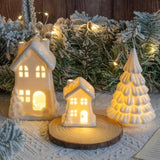 Ceramic Christmas Village Houses, 3Pcs Led Lighted Porcelain White Small House And Xmas Tree Tabletop Figurines, Light Up Christmas Decorations For Home Shelf Cabinet Table Winter Decor
