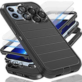 For Iphone 13 Pro Max Case, 2X Glass Screen And Camera Protector, 3 In 1 Heavy Duty Shockproof Drop Protection Stripe Rubber Cover For 13 Pro Max 6.7"-Black