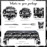 194pcs Black Silver New Year 2026 Party Tableware for 24 Guests