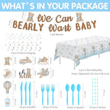 Bear Baby Shower Decorations For Boy, Blue Teddy Bear Theme We Can Bearly Wait Baby Shower Decorations Party Supplies, Paper Plate, Cup, Banner, Tablecloth, Napkin, Swirls, Cutlery, Serves 24